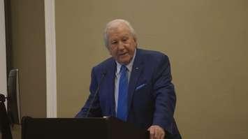 Former Ontario Premier Ernie Eves speaks at a luncheon after Andy Brandt's funeral. January 18, 2024 Blackburn Media photo by Melanie Irwin