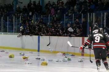 The Sarnia Legionnaires Celebrate The Wooly Toss Goal Vs. London -  (Photo By Dawn Riley - Used With Permission From Sarnia Legionnaires)
