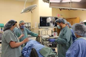 Staff from Bluewater Health’s operating room, endoscopy and diagnostic imaging departments taking part in January’s mock ERCP procedures with the new equipment. February 28, 2023. (Photo courtesy of Bluewater Health)