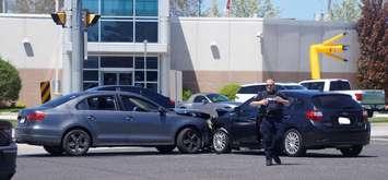 A two-vehicle collision at Barclay Drive and Exmouth Street in Sarnia. 21 May 2020. (BlackburnNews.com photo by Colin Gowdy)