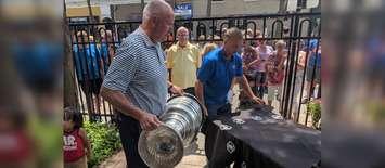St. Louis Blues GM Doug Armstrong with the Stanley Cup in Sarnia - July 26/19 (Blackburnnews.com photo by Josh Boyce)