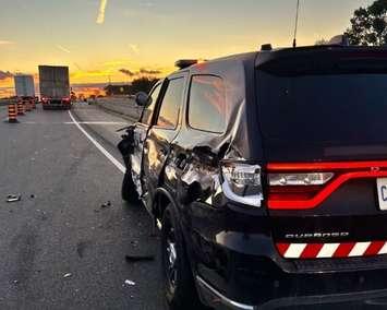 An OPP cruiser struck by a transport truck on Hwy. 402 (Photo via OPP West Region on X)