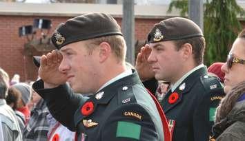 Soldiers salute during the Port Elgin Remembrance Day ceremony. (Photo by Jordan Mackinnon)