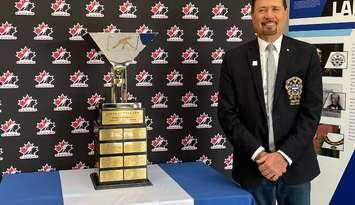 Lambton County Warden Kevin Marriott with the World U17 Challenge Cup at the Lambton County Administration Building. Submitted.