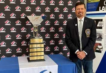 Lambton County Warden Kevin Marriott with the World U17 Challenge Cup at the Lambton County Administration Building. Submitted.