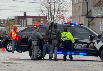 Arrest made during the Remembrance Day service in downtown Sarnia. November 11, 2024. (Submitted photo)