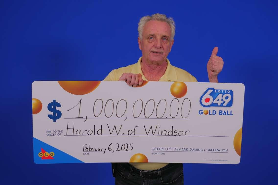 Harold Worotny of Windsor shows off his $1M prize cheque at the OLG Prize Centre in Toronto, February 6, 2025. Photo submitted by Ontario Lottery and Gaming.