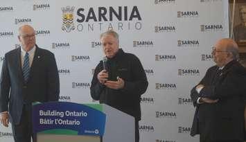 Sarnia Mayor Mike Bradley speaks during cheque presentation. March 13, 2024. (Photo by Natalia Vega)