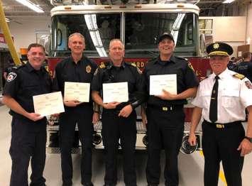 L-R: Firefighter Mike Caley, Captain Rick Burdett, Deputy Chief Rick MacGregor, Captain Dave Dobson, Fire Chief Doug MacKenzie (Photo courtesy of Point Edward Fire & Rescue)