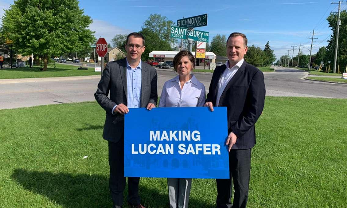 Minister of Infrastructure Monte McNaughton, Lucan-Biddulph Mayor Cathy Burghardt-Jesson, and Transportation Minister Jeff Yurek in Lucan, June 17, 2019. Photo via Twitter @JeffYurekMPP 