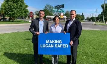 Minister of Infrastructure Monte McNaughton, Lucan-Biddulph Mayor Cathy Burghardt-Jesson, and Transportation Minister Jeff Yurek in Lucan, June 17, 2019. Photo via Twitter @JeffYurekMPP 