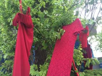 Red dresses hang outside the Caldwell First Nation office in Leamington on May 20, 2015. (Photo by Ricardo Veneza)