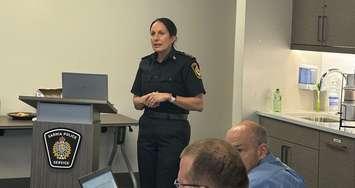 SPS Deputy Chief Julie Craddock at Sarnia Police Board Meeting, April 25, 2024 (Photo by: Lindsay Newman/ Blackburn Media)