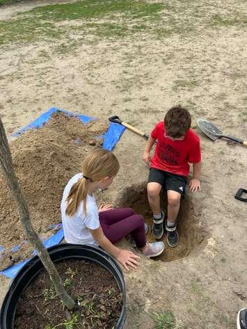 Grade 2 and 3 students from Sacred Heart Catholic School measure the depth of the hole they dug to plant one of eleven trees at Gregory Hogan Catholic School, the school they will move to in a future school year. Submitted photo.