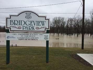 Flooding at Bridgeview Park in Petrolia. February 21, 2018 (Photo by Melanie Irwin)