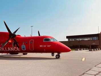 Transport Canada's Dash 8 surveillance aircraft lands in Sarnia. May 17, 2023. Image courtesy of Mike Roberts.