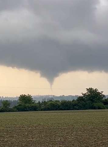 A funnel cloud in the sky in the Beachville area, June 13, 2023. Photo courtesy of Kennedy Kaufman.