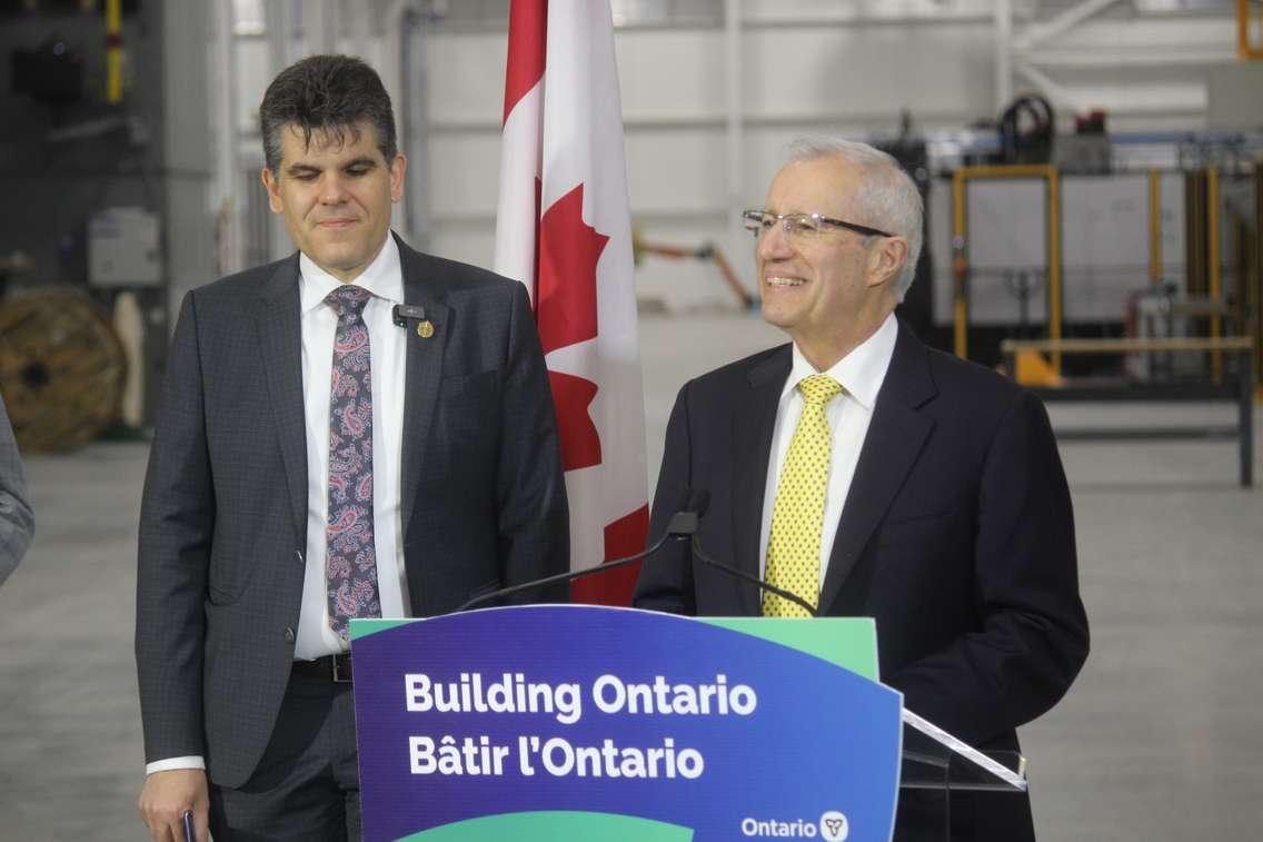 Ontario Minister of Economic Development, Job Creation and Trade Vic Fedeli and Windsor-Tecumseh MPP Andrew Dowie are all smiles as they announce provincial investment at DS Actimo in Windsor, April 11, 2024. Photo by Mark Brown/WindsorNewsToday.ca.