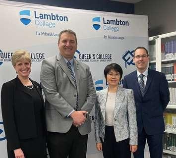From left to right. Lambton College Sr Vice President, Academic & Student Success Mary Vaughan, Lambton College President & CEO Rob Kardas, Queen’s College President Jennifer Zhang,  Lambton College Sr Dean of International Education Chris Slade. Submitted photo.
