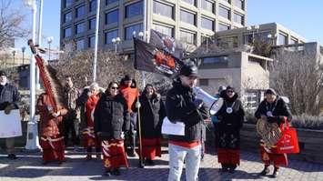 A MMIWG march and flag raising downtown Sarnia February 14, 2024 (Blackburn Media/ Lindsay Newman)