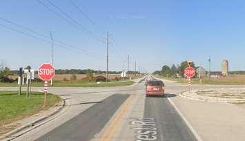 A double stop sign at the intersection of Forest Road and London Line. Image captured from Google Maps.