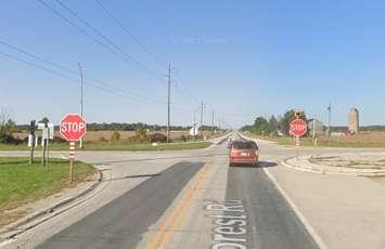 A double stop sign at the intersection of Forest Road and London Line. Image captured from Google Maps.