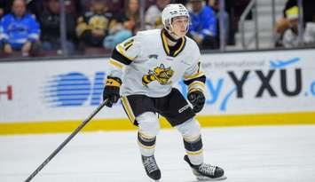 Sarnia Sting's Beckham Edwards during annual Teddy Bear Toss game Sunday, Dec 1, 2024. Photo by Metcalfe Photography. 