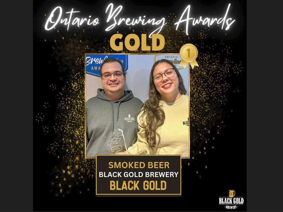 Black Gold Brewery's brewer Ricardo Andrade and his wife/co-brewer Danielle Case accept a gold medal at the 2024 Ontario Brewing Awards. (Submitted photo.)