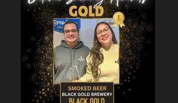 Black Gold Brewery's brewer Ricardo Andrade and his wife/co-brewer Danielle Case accept a gold medal at the 2024 Ontario Brewing Awards. (Submitted photo.)