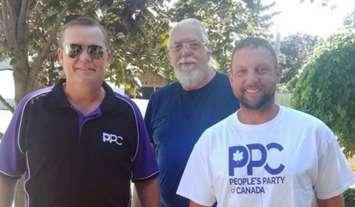 PPC Lambton-Kent-Middlesex candidate Kevin Mitchell (white shirt) with PPC Sarnia-Lambton candidate Brian Everaert (black shirt).  August 2021.  (Photo by PPC Lambton-Kent-Middlesex)