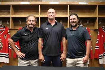 Sarnia Legionnaires Head Coach Mike Bondy (C) with Associate Coach Dan Gibson (L) and Assistant Coach Dalton Jay (R) (Photo courtesy of Sarnia Legionnaires via Facebook)