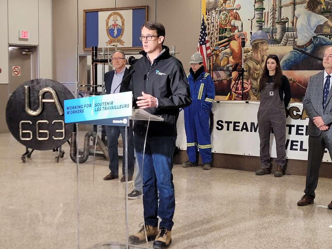 Labour Minister Monte McNaughton delivers $11.6 million funding announcement in Sarnia April 22, 2022. Blackburn Media photo by Stephanie Chaves. 