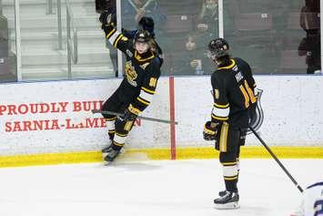 Ty Voit (L) and Theo Hill (R) celebrate a goal vs. Saginaw - Mar 2/22 (Photo courtesy of Metcalfe Photography)