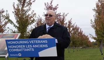 Sarnia-Lambton MPP Bob Bailey speaks during the Veterans Parkway sign unveiling in Heritage Park. October 16, 2019. (BlackburnNews.com photo by Colin Gowdy)
