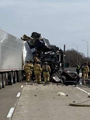 A crash on Highway 402 westbound near Christina St. - Mar 23/21 (Photo courtesy of Sarnia Firefighters Association via Twitter)