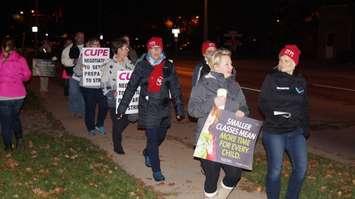 About 100 members protested in a CUPE 'respect rally' Tuesday evening outside the Lambton Kent District School Board. October 27, 2015 (BlackburnNews.com Photo by Briana Carnegie)