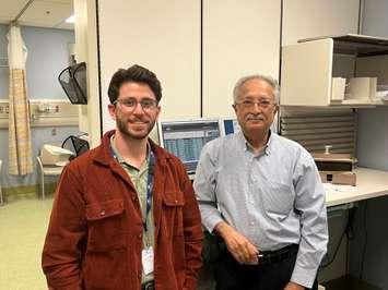 First-year medical student Rani Rassan (left) learns from Dr. Anil Garach (right), Orthopaedic Surgeon, in Bluewater Health’s Ambulatory Care department in Sarnia. May 2023. (Photo by Bluewater Health)