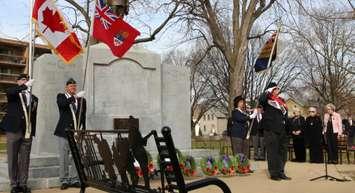With a special commemorative bench in the foreground, the 100th anniversary of the battle of Vimy Ridge is observed Apr. 2, 2017 (Photo by Dave Dentinger)