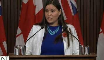 Aamjiwnaang First Nation Chief Janelle Nahmabin at Queen's Park November 7, 2024. Image captured from Legislative Assembly of Ontario feed. 