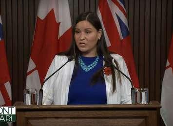 Aamjiwnaang First Nation Chief Janelle Nahmabin at Queen's Park November 7, 2024. Image captured from Legislative Assembly of Ontario feed. 