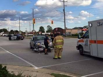 A car and motorcycle collide on London Rd. Sept. 27, 2016 (BlackburnNews.com photo by Melanie Irwin)