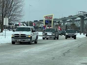 Vehicles taking part in a Freedom Convoy demonstration in the Sarnia area.  26 February 2022.  (Submitted photo)