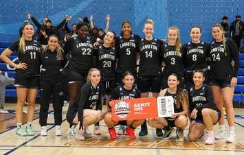 Lambton Lions women’s basketball team secures spot in the OCAA Final Four after 74-50 win against the Humber Hawks. February 24, 2024. (Photo courtesy of Lambton College Athletics & Recreation via X)