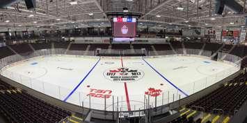 The ice at Progressive Auto Sales Arena for the World Under 17 Hockey Challenge (Photo courtesy of Ontario's Blue Coast via Facebook)