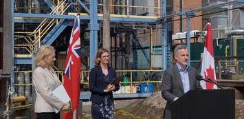 (From left to right) MP Kate Young, Research Park Ex. Director Katherine Albion, Woodland CEO Greg Nuttall in Sarnia. August 27, 2019. (BlackburnNews photo by Colin Gowdy)