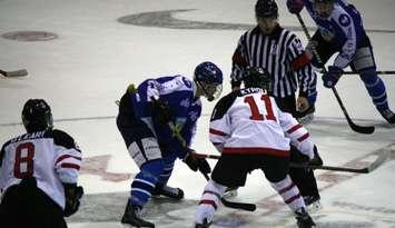 Jordan Kyrou of the Sarnia Sting faces off against Finland at the U17 Challenge Nov. 2, 2014 at the RBC Centre. (BlackburnNews.com photo by Dave Dentinger)