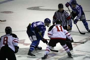 Jordan Kyrou of the Sarnia Sting faces off against Finland at the U17 Challenge Nov. 2, 2014 at the RBC Centre. (BlackburnNews.com photo by Dave Dentinger)