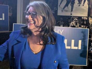Kathy Borrelli is all smiles after winning the Windsor-Tecumseh-Lakeshore riding for the Conservatives, April 29, 2025. Photo by Mark Brown/WindsorNewsToday.ca.