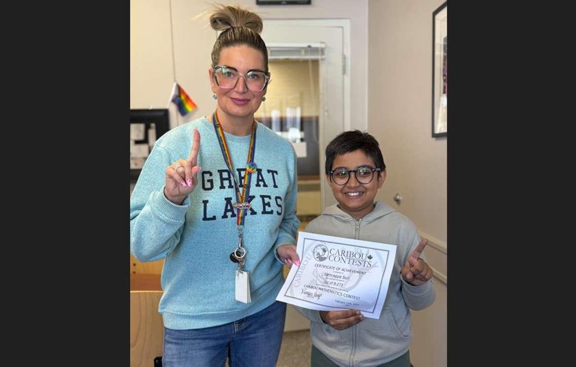 Grade 4 student Samragya Suri and Cathcart Boulevard Public School staff member Carilyn Piquette. February 2025. (Photo courtesy of Lambton Kent District School Board)