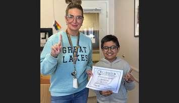 Grade 4 student Samragya Suri and Cathcart Boulevard Public School staff member Carilyn Piquette. February 2025. (Photo courtesy of Lambton Kent District School Board)